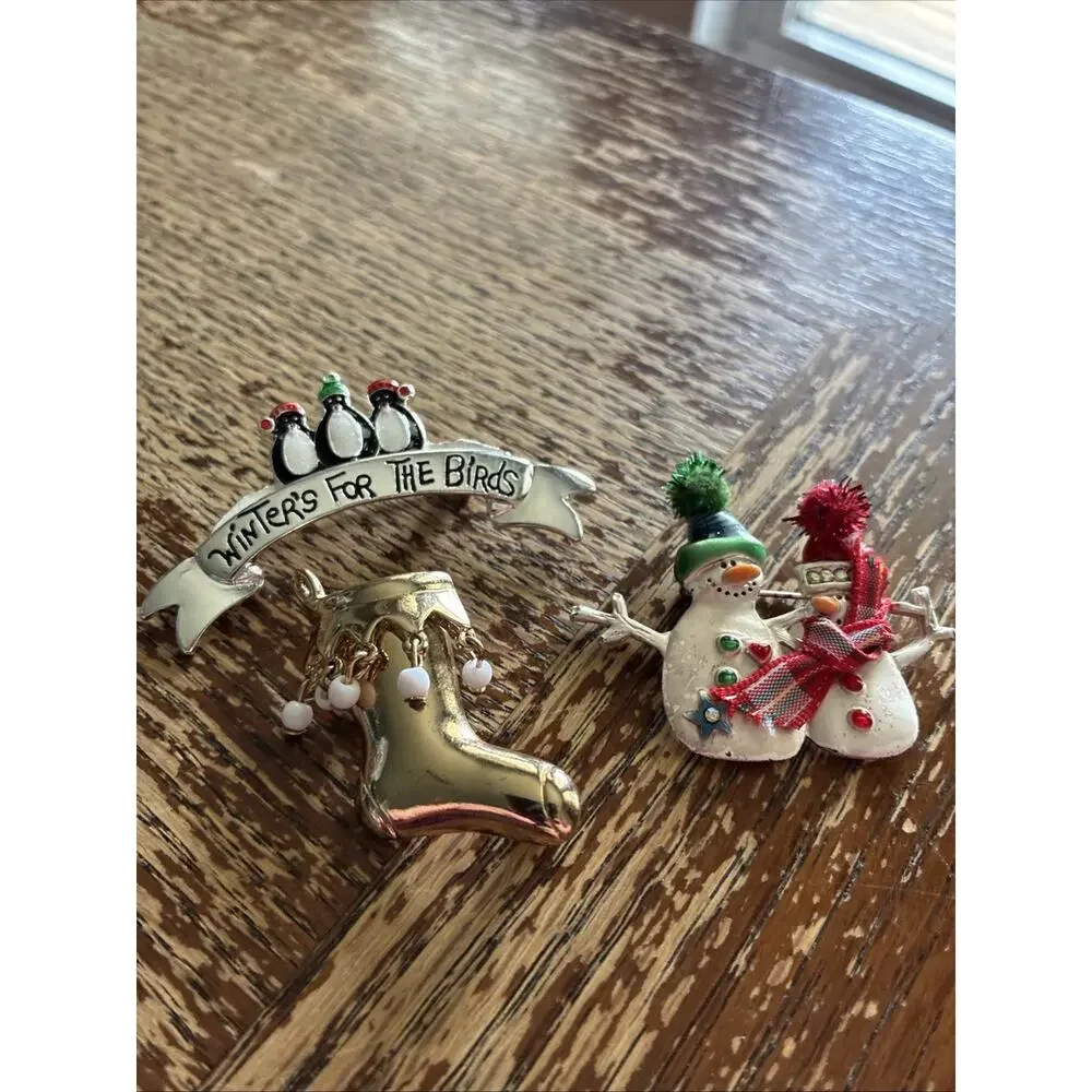 Lot of 3 Christmas House Snowman Stocking Penguins Vintage Gold Pin Brooch